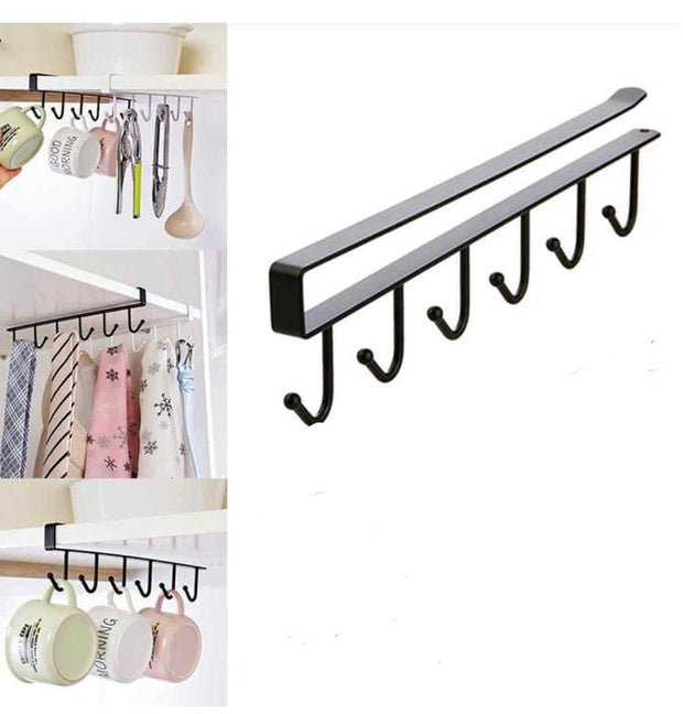 10 Hooks Mug, Cup & Utensil Storage Holder – Under Cabinet Hanging Organizer Rack